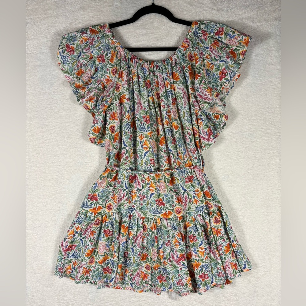 Rachel Zoe Floral Short Sleeved Flowy Ruffle Sleeve Elastic Neck Tassels Sz S